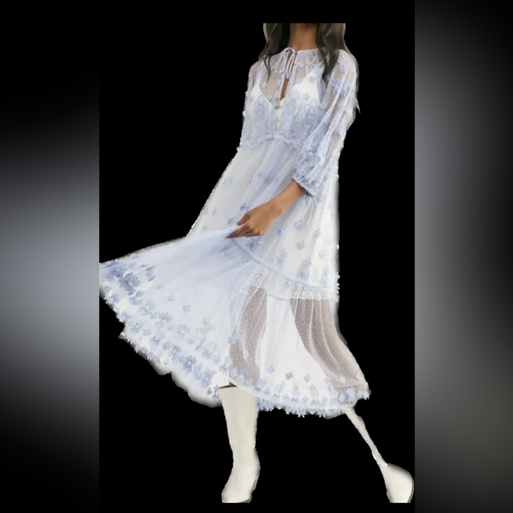 FREE PEOPLE Sz XL “ WRITTEN IN THE STARS” SHEER EMBROIDERED MAXI TOP TUNIC DRESS